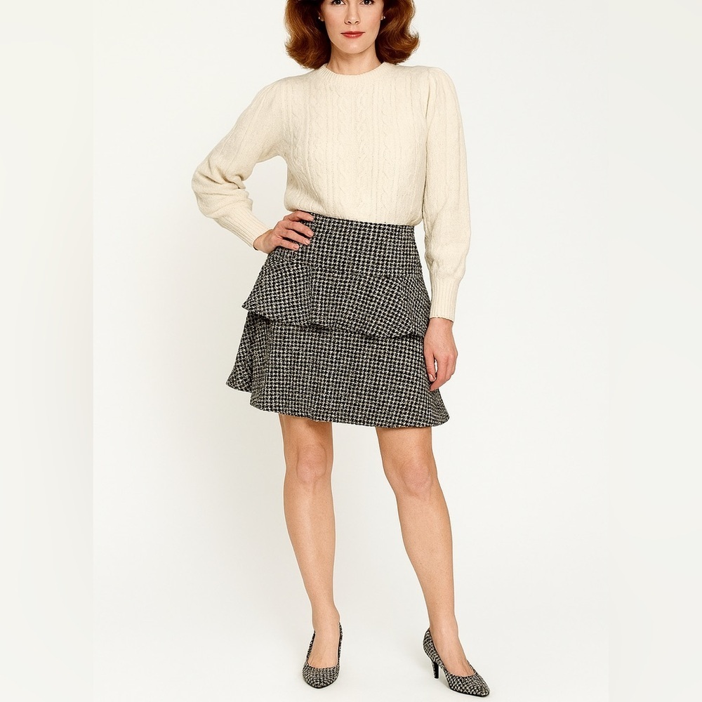 david n Vintage Houndstooth Wool Ruffled Skirt